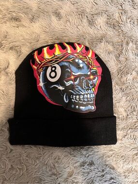 Black Beanie with Flaming Skull Graphic